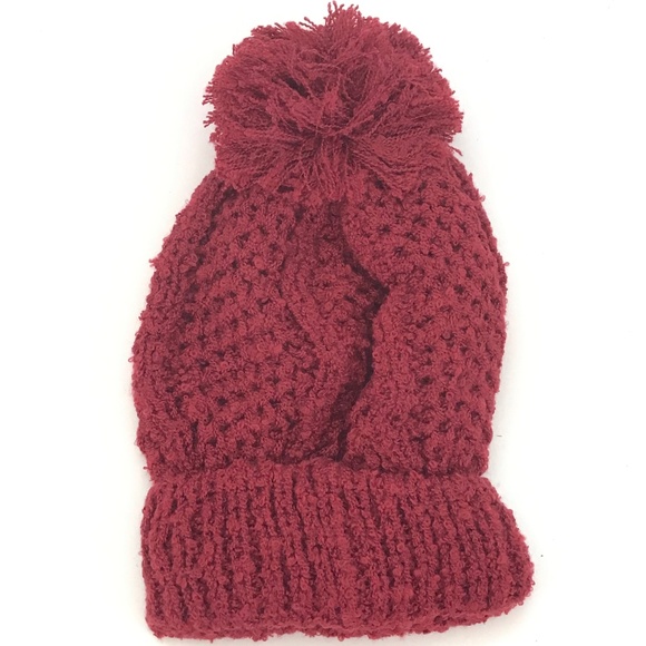 L.I.B. New York Beanie Hat NWT Burgundy Red Cable Knit Pom Pom Hat - Picture 7 of 11